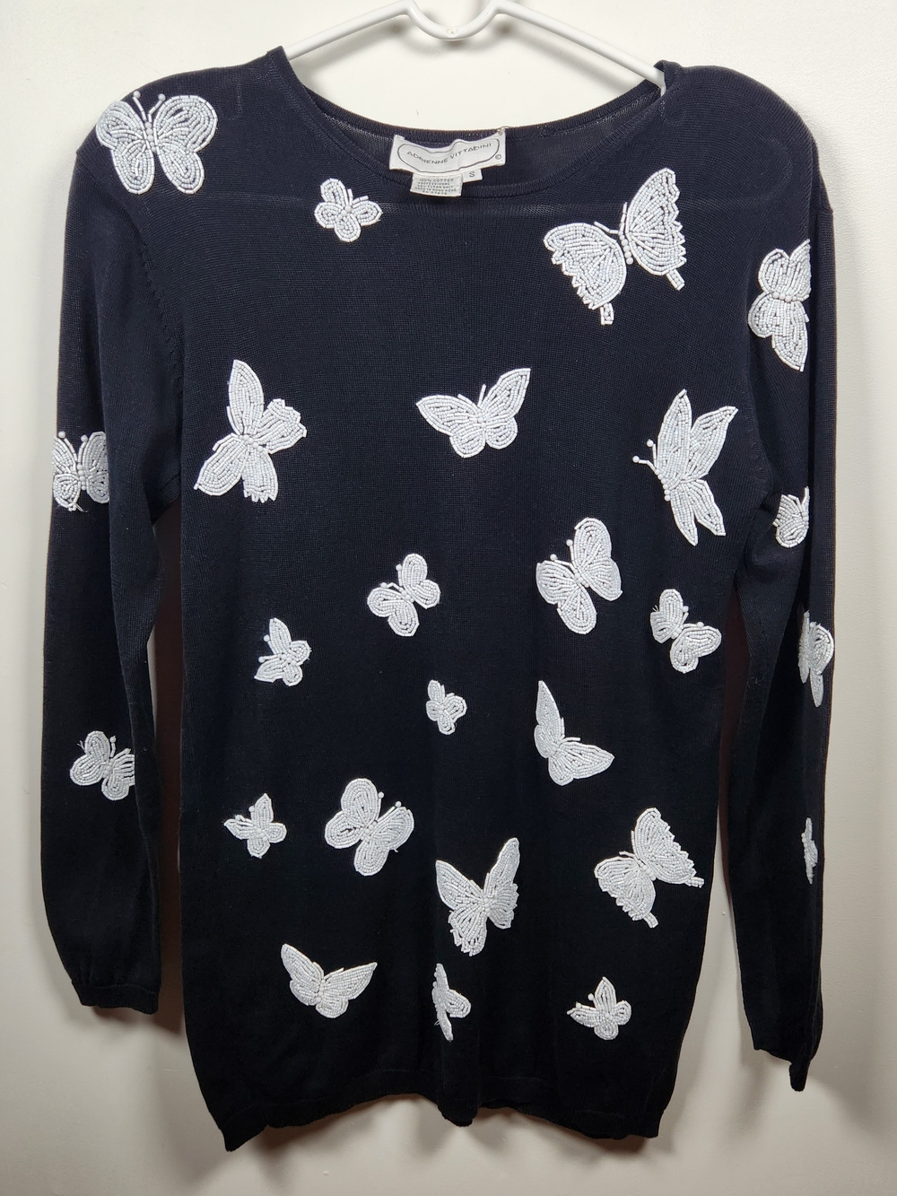 VTG Adrienne Vittadini Crewneck Sweater Butterfly Hand Beaded Hong Kong Size S
